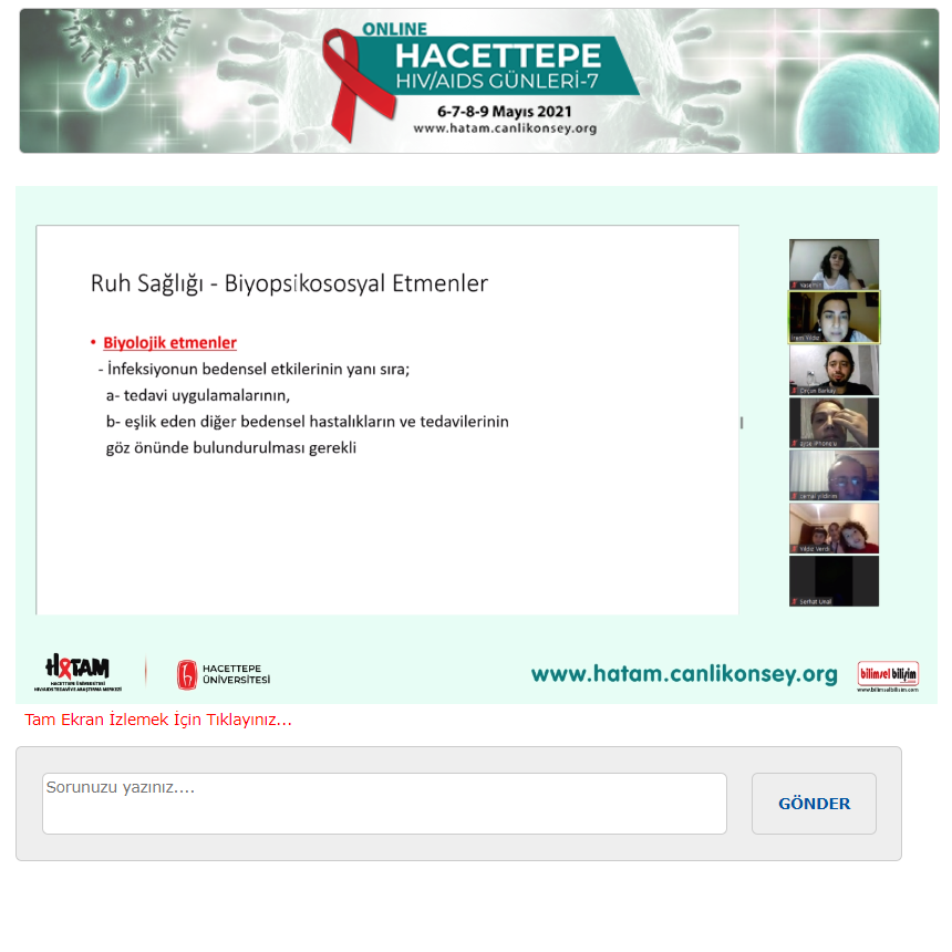 BİLİMSEL BİLİŞİM E-KONGRE MODÜLÜ ile online olarak gerçekleştirilen “HACETTEPE HIV/AIDS GÜNLERİ-7” toplantısının 2. paneli Doç. Dr. Ahmet Çağkan İNKAYA’nın moderatörlüğünde, Prof. Dr. Meryem Aslı TUNCER ve Prof. Dr. Kader KARLI OĞUZ’un “HIV İnfekte Hastaların Nöroradyolojik Değerlendirmesi”, Dr. Öğr. Üyesi İrem YILDIZ’ın ise “HIV İnfekte Hastaların Psikiyatrik Değerlendirmesi” başlıklı sunumları ile gerçekleşti.
Katılımcılarımız ve konuşmacılarımıza toplantımızın 2. gününde aktif görüntülü katılımları nedeniyle teşekkür ederiz.
www.hatam.canlikonsey.org
www.hivpozitifve.org