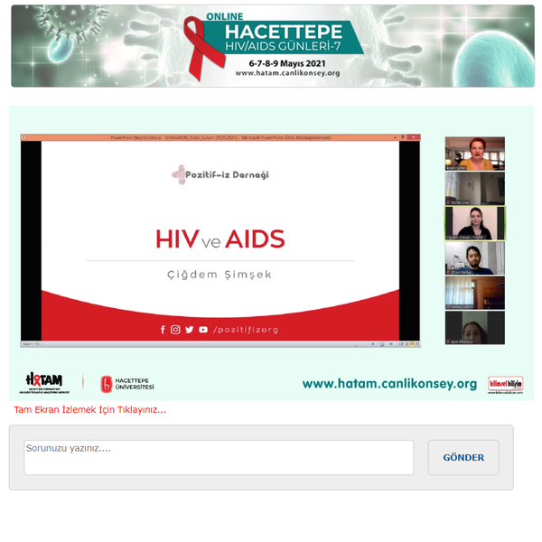 BİLİMSEL BİLİŞİM E-KONGRE MODÜLÜ ile online olarak gerçekleştirilen “HACETTEPE HIV/AIDS GÜNLERİ-7” 6 Mayıs 2021, Perşembe günü www.hatam.canlikonsey.org 'da Prof. Dr. Serhat ÜNAL’ın açılış konuşmasıyla başladı.
“HACETTEPE HIV/AIDS GÜNLERİ-7” toplantısının 1. Panelinde Prof. Dr. Serhat ÜNAL'ın moderatörlüğünde, Dr. Aygen TÜMER “Dünyada ve Türkiye’de HIV/AIDS Epidemiyolojisi”, Dr. Aygen TÜMER ile Sn. Çiğdem ŞİMŞEK “HIV Pozitif Hastaya Yaklaşım”, Dr. Öğr. Üyesi Nursel ÇALIK BAŞARAN ise "HIV İnfekte Hastaların Dahili Değerlendirmesi" konularını anlattılar.
Bu interaktif panel için konuşmacılarımıza ve katılımcılara çok teşekkür ederiz.
www.hatam.canlikonsey.org
www.bilimselbilisim.com