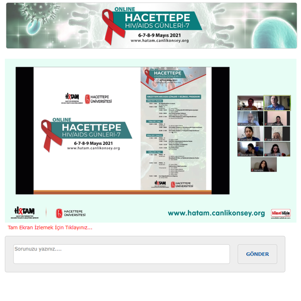 BİLİMSEL BİLİŞİM E-KONGRE MODÜLÜ ile online olarak gerçekleştirilen “HACETTEPE HIV/AIDS GÜNLERİ-7” 6 Mayıs 2021, Perşembe günü www.hatam.canlikonsey.org 'da Prof. Dr. Serhat ÜNAL’ın açılış konuşmasıyla başladı.
“HACETTEPE HIV/AIDS GÜNLERİ-7” toplantısının 1. Panelinde Prof. Dr. Serhat ÜNAL'ın moderatörlüğünde, Dr. Aygen TÜMER “Dünyada ve Türkiye’de HIV/AIDS Epidemiyolojisi”, Dr. Aygen TÜMER ile Sn. Çiğdem ŞİMŞEK “HIV Pozitif Hastaya Yaklaşım”, Dr. Öğr. Üyesi Nursel ÇALIK BAŞARAN ise "HIV İnfekte Hastaların Dahili Değerlendirmesi" konularını anlattılar.
Bu interaktif panel için konuşmacılarımıza ve katılımcılara çok teşekkür ederiz.
www.hatam.canlikonsey.org
www.bilimselbilisim.com