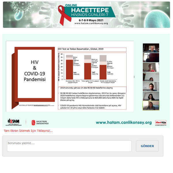 BİLİMSEL BİLİŞİM E-KONGRE MODÜLÜ ile online olarak gerçekleştirilen “HACETTEPE HIV/AIDS GÜNLERİ-6” toplantısının 3. paneli Dr. Aygen TÜMER’in moderatörlüğünde, Doç. Dr. Ahmet Çağkan İNKAYA’nın “HIV/AIDS Tedavisinde Kullanılan İlaçlar”, Dr. Öğr. Üyesi Meliha Çağla SÖNMEZER’in “Tedavi Prensipleri ve Rehberler”, Ecz. Emre KARA’nın ise “İlaç Etkileşimleri” başlıklı sunumları ile gerçekleşti.
Katılımcılarımız ve konuşmacılarımıza toplantımızın 3. gününe aktif görüntülü katılımları nedeniyle teşekkür ediyoruz.
www.hatam.canlikonsey.org
www.hivpozitifve.org