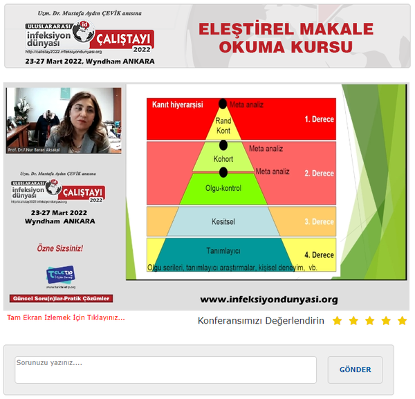 ULUSLARARASI İNFEKSİYON DÜNYASI ÇALIŞTAYI 2022’ ye www.infeksiyondunyasi.org ‘ta canlı yayınla başladık. 
Çalıştay 2022’nin ilk online oturumu olan “ELEŞTİREL MAKALE OKUMA KURSU” Prof. Dr. F. Nur BARAN AKSAKAL‘ ın sunumuyla gerçekleşti.