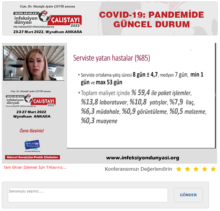 ULUSLARARASI İNFEKSİYON DÜNYASI ÇALIŞTAYI 2022’ nin İnfeksiyon Dünyası (www.infeksiyondunyasi.org ) ve www.calistay2022.infeksiyondunyasi.org ‘dan canlı yayınlanan “COVID-19: PANDEMİDE GÜNCEL DURUM” online oturumunda, Prof. Dr. Rahmet GÜNER ve Prof. Dr. İrfan ŞENCAN başkanlığında; Prof. Dr. F. Nur BARAN AKSAKAL “Pandemide Ne Durumdayız? Nasıl Kontrol Ederiz?”, Prof. Dr. H. Nesrin DİLBAZ “Toplumsal ve Psikolojik Etkileri” ve Prof. Dr. Berna SİMTEN MALHAN “Ekonomik Yansımaları” sunumlarını online olarak gerçekleştirdiler.