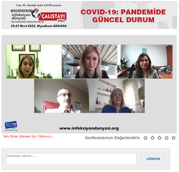 ULUSLARARASI İNFEKSİYON DÜNYASI ÇALIŞTAYI 2022’ nin İnfeksiyon Dünyası (www.infeksiyondunyasi.org ) ve www.calistay2022.infeksiyondunyasi.org ‘dan canlı yayınlanan “COVID-19: PANDEMİDE GÜNCEL DURUM” online oturumunda, Prof. Dr. Rahmet GÜNER ve Prof. Dr. İrfan ŞENCAN başkanlığında; Prof. Dr. F. Nur BARAN AKSAKAL “Pandemide Ne Durumdayız? Nasıl Kontrol Ederiz?”, Prof. Dr. H. Nesrin DİLBAZ “Toplumsal ve Psikolojik Etkileri” ve Prof. Dr. Berna SİMTEN MALHAN “Ekonomik Yansımaları” sunumlarını online olarak gerçekleştirdiler.