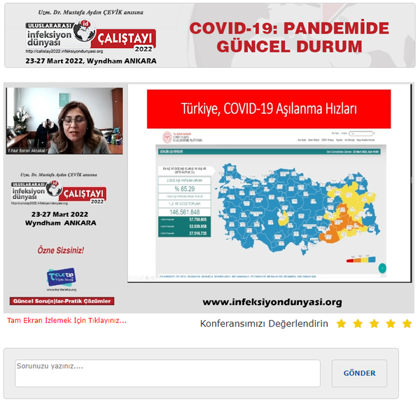 ULUSLARARASI İNFEKSİYON DÜNYASI ÇALIŞTAYI 2022’ nin İnfeksiyon Dünyası (www.infeksiyondunyasi.org ) ve www.calistay2022.infeksiyondunyasi.org ‘dan canlı yayınlanan “COVID-19: PANDEMİDE GÜNCEL DURUM” online oturumunda, Prof. Dr. Rahmet GÜNER ve Prof. Dr. İrfan ŞENCAN başkanlığında; Prof. Dr. F. Nur BARAN AKSAKAL “Pandemide Ne Durumdayız? Nasıl Kontrol Ederiz?”, Prof. Dr. H. Nesrin DİLBAZ “Toplumsal ve Psikolojik Etkileri” ve Prof. Dr. Berna SİMTEN MALHAN “Ekonomik Yansımaları” sunumlarını online olarak gerçekleştirdiler.