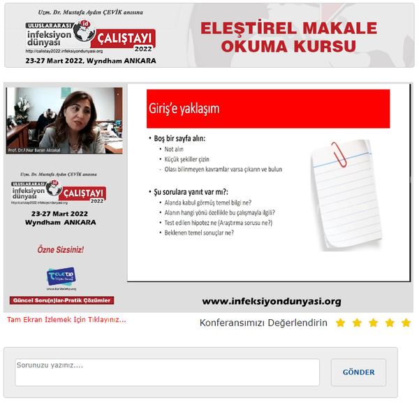 ULUSLARARASI İNFEKSİYON DÜNYASI ÇALIŞTAYI 2022’ ye www.infeksiyondunyasi.org ‘ta canlı yayınla başladık. 
Çalıştay 2022’nin ilk online oturumu olan “ELEŞTİREL MAKALE OKUMA KURSU” Prof. Dr. F. Nur BARAN AKSAKAL‘ ın sunumuyla gerçekleşti.