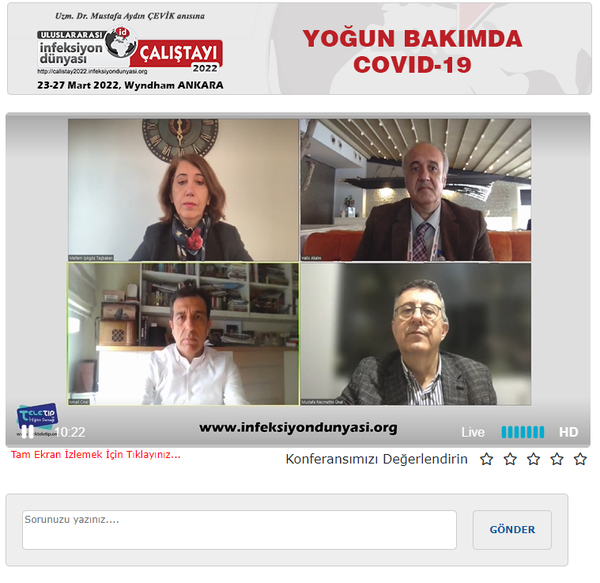 ULUSLARARASI İNFEKSİYON DÜNYASI ÇALIŞTAYI 2022’ nin İnfeksiyon Dünyası ( www.infeksiyondunyasi.org ) ve www.calistay2022.infeksiyondunyasi.org ‘dan canlı yayınlanan “YOĞUN BAKIMDA COVID-19” online oturumunda, Prof. Dr. Halis AKALIN ve Prof. Dr. Necmettin ÜNAL başkanlığında; Prof. Dr. İsmail CİNEL “Yoğun Bakım Uzmanı Gözüyle” ve Prof. Dr. Meltem TAŞBAKAN “İnfeksiyon Hastalıkları ve Klinik Mikrobiyoloji Uzmanı Gözüyle” sunumlarını online olarak gerçekleştirdiler.